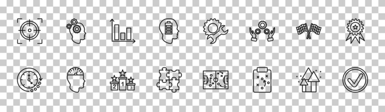 outline productivity icons set - gun target, mind gears, racing flag, done. editable vector for web and mobile ui