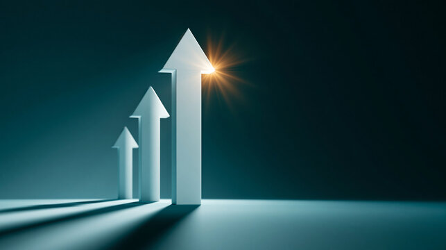 Ascending Arrows of Success: Three white arrows point upwards in a symbolic representation of growth, progress, and rising success, bathed in a dramatic spotlight with a glowing flare.