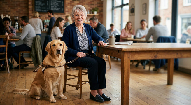 Senior woman sitting with golden retriever guide dog in a cafe. Elderly blind person with service animal for mobility assistance. Daily life with support dog