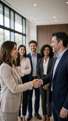 Obraz premium Business partners shaking hands with a team in the background