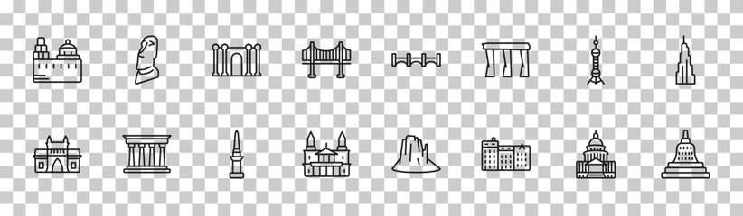 outline monuments icons set - blue domed churches, moia statues, oriental peral tower, borobudur. editable vector for web and mobile ui © IconArt