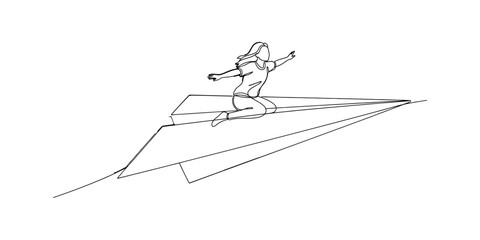 Fototapeta premium Girl Flying on Paper Airplane Line Art