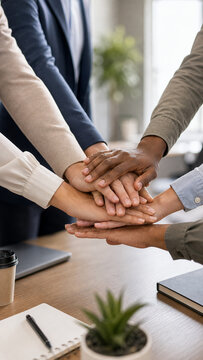Diverse coworkers stacking hands in a teamwork unity gesture