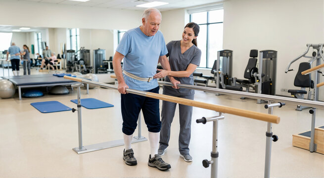 Senior man practicing walking with parallel bars in physical therapy. Gait training and stroke rehabilitation for elderly patient. Movement recovery in clinical gym