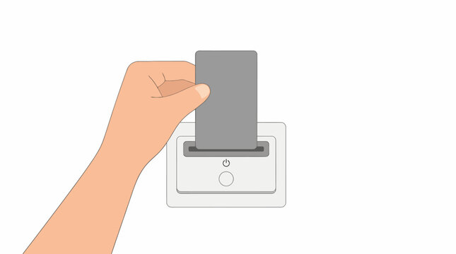 Hand inserting hotel key card into power slot for electricity