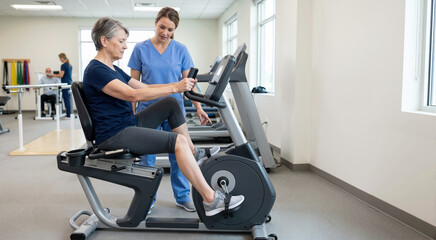 Fototapeta premium Senior woman exercising on stationary bicycle in rehabilitation center. Elderly patient undergoing physical therapy with nurse. Cardiovascular health and mobility recovery