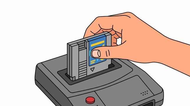 Person inserting game cartridge into retro gaming console