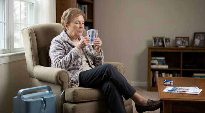 Senior woman using nasal oxygen cannula and incentive spirometer at home. Geriatric patient with chronic respiratory insufficiency. Pulmonary rehabilitation and supplemental oxygen therapy