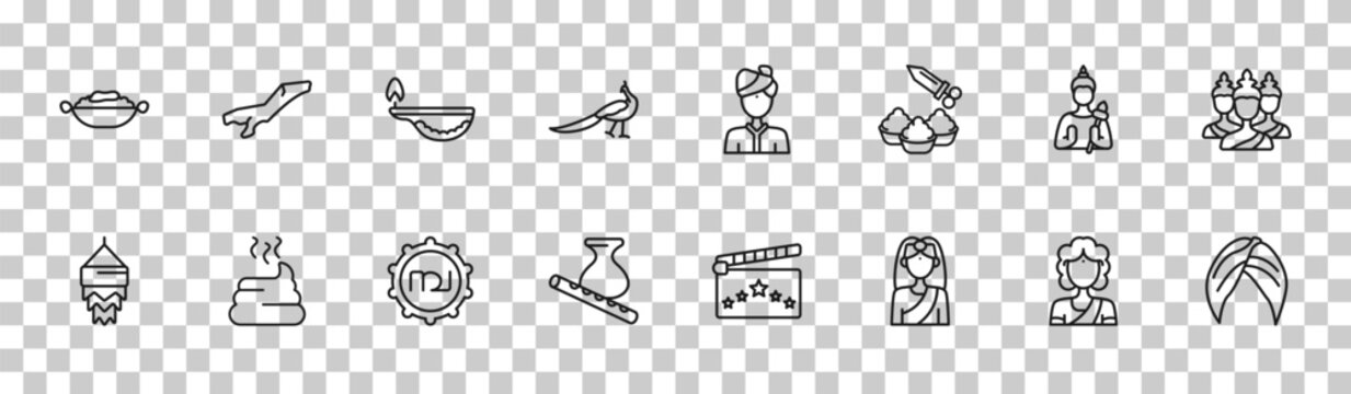 outline india icons set - curry, assam, vishnu, turban. editable vector for web and mobile ui