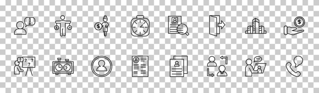 outline human resources icons set - grievance, time balance, company, contact. editable vector for web and mobile ui