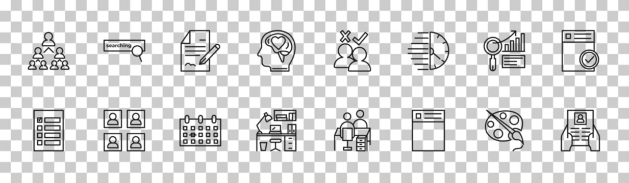 outline human resources icons set - company structure, searching, analysis, job application. editable vector for web and mobile ui