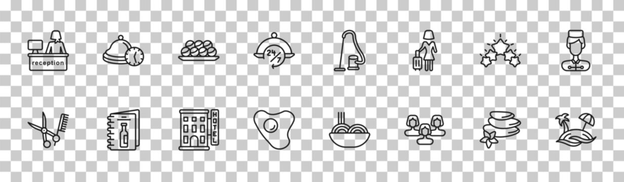 outline hotel and restaurant icons set - receptionist, reservation, five stars, beach. editable vector for web and mobile ui