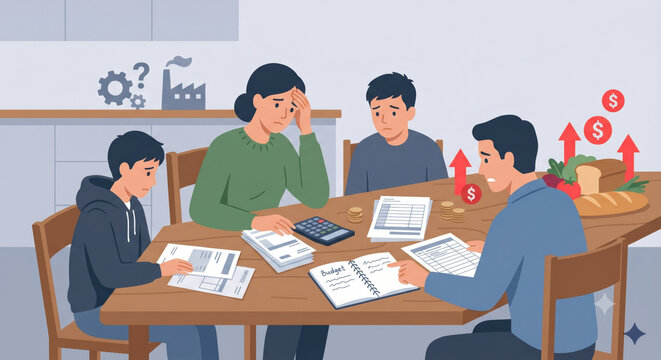 Family reviewing bills at home as prices climb and wages lag, depicting household stress in stagflation.