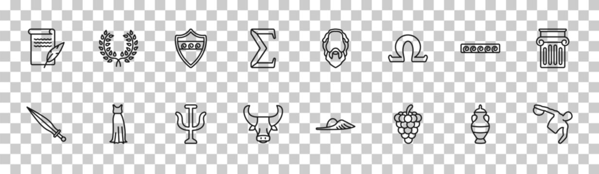 outline greece icons set - letter quill, laurel, greek ornament, sports games. editable vector for web and mobile ui