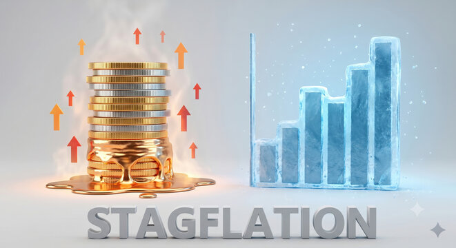 Stagflation headline with bar chart and CPI arrow, defining high inflation with stagnant growth and unemployment risk.