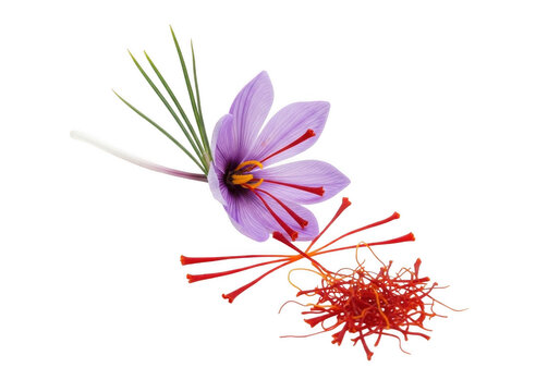 Fresh saffron crocus flower with red stigma threads isolated on transparent background for food