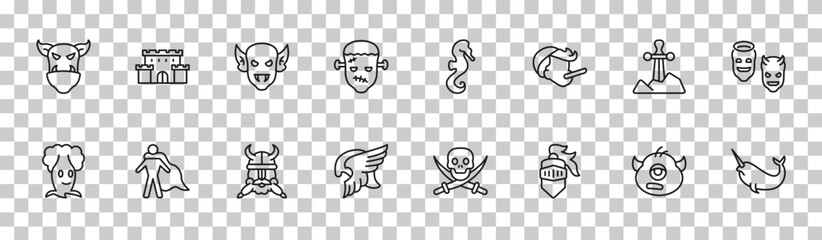outline fairy tale icons set - ogre, castle, excalibur, narwhal. editable vector for web and mobile ui © IconArt