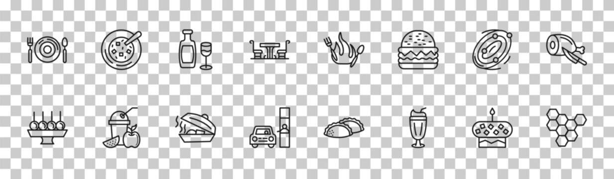 outline food icons set - plate and utensils, winter melon soup, milky, honeycombs. editable vector for web and mobile ui