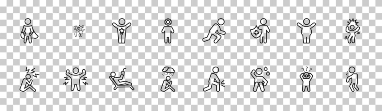 outline feelings icons set - super human, funny human, fat human, rough editable vector for web and mobile ui