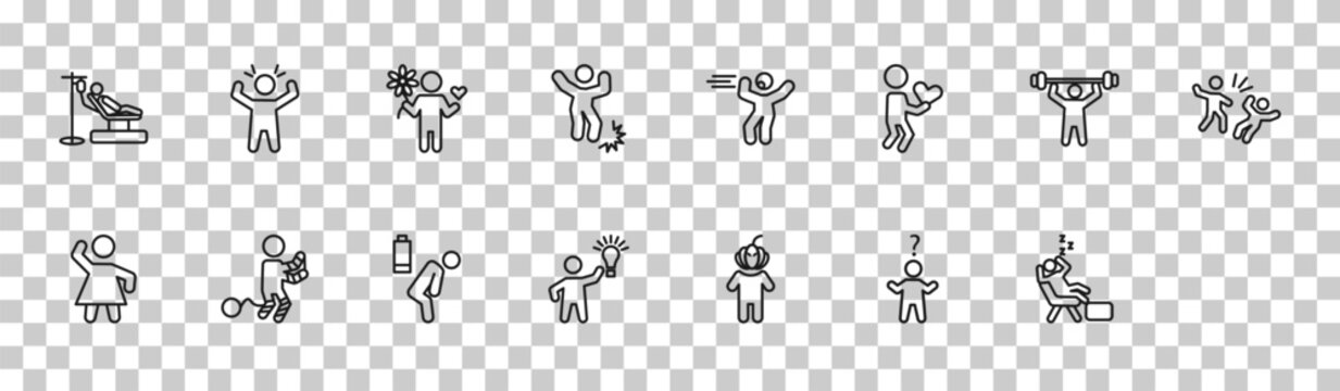 outline feelings icons set - sick human, aggravated human, pumped human, lazy editable vector for web and mobile ui
