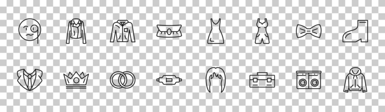 outline fashion icons set - monocle, leather jacket, tux, sweater with hood. editable vector for web and mobile ui