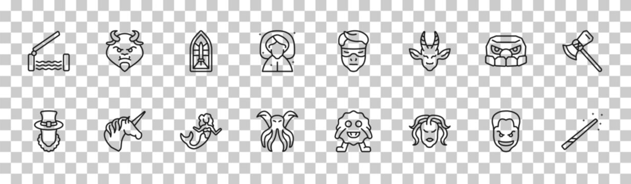 outline fairy tale icons set - drawbridge, beast, , magic wand. editable vector for web and mobile ui
