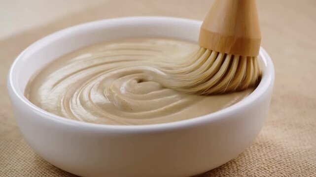 Bamboo brush stirring creamy beige paste in white ceramic bowl on textured fabric