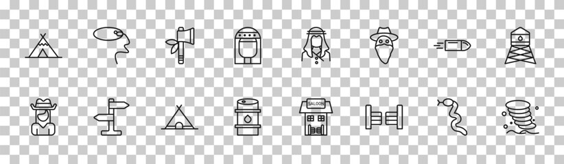 outline desert icons set - wigwam, lasso, bullet, sandstorm. editable vector for web and mobile ui © IconArt