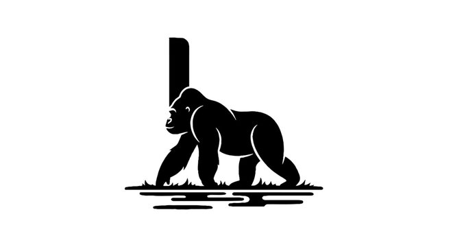 Silhouette of a walking gorilla under a pole.