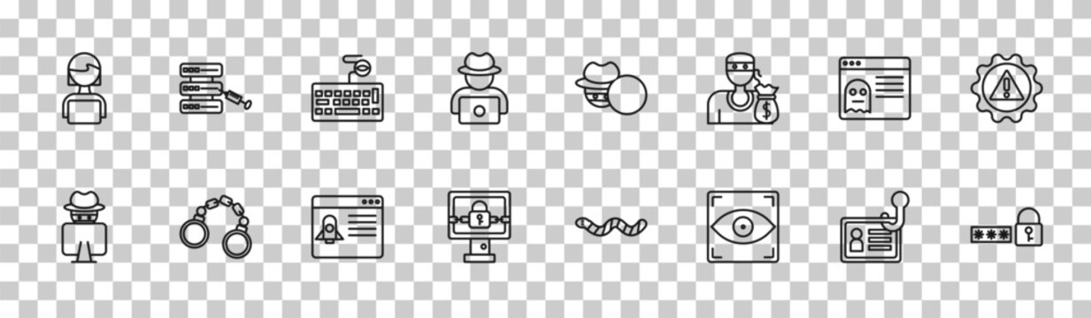 outline cyber icons set - woman online, code injection, rootkit, passwords. editable vector for web and mobile ui
