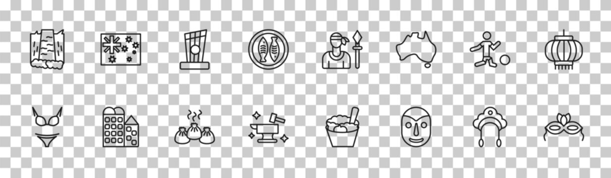 outline culture icons set - maletsunyane, australian flag, brazil soccer player, brazil carnival mask. editable vector for web and mobile ui