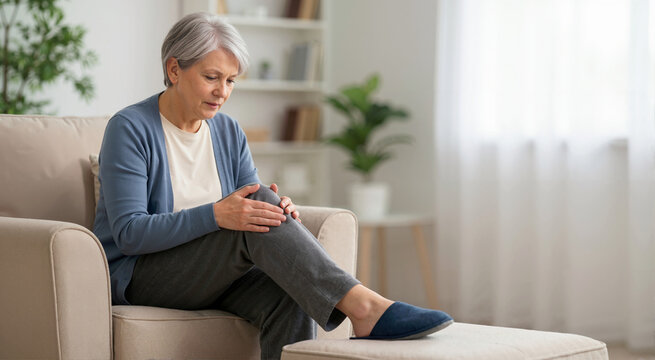 Senior woman suffering from severe joint pain and rubbing her knee. Elderly patient with osteoarthritis symptoms at home. Chronic degeneration and geriatric health care concept