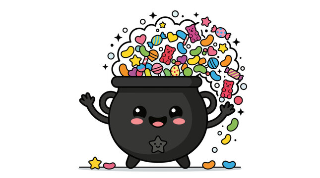 Cute kawaii cauldron overflowing with colorful sweets and gummy bears