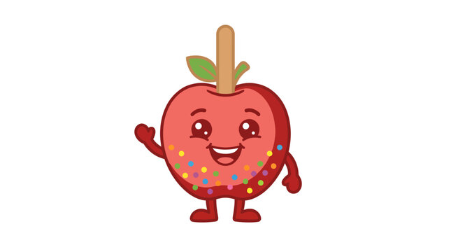 Cheerful candy apple mascot with colorful sprinkles waving happily