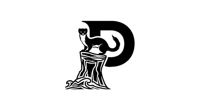 Black and white squirrel on tree stump logo design.