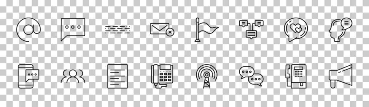 outline communication icons set - arroba, chat bubble, i love you, bullhorn. editable vector for web and mobile ui