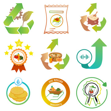 Upcycled Food Badges Vector Set, Sustainable Product Labels with Rescued Ingredients, Spent Grain, Ugly Veggies, and Zero Waste Food Waste Fighter Icon