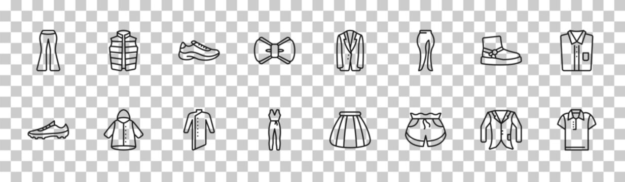 outline clothes icons set - flare pants, padded vest, wool boots, polo shirt. editable vector for web and mobile ui