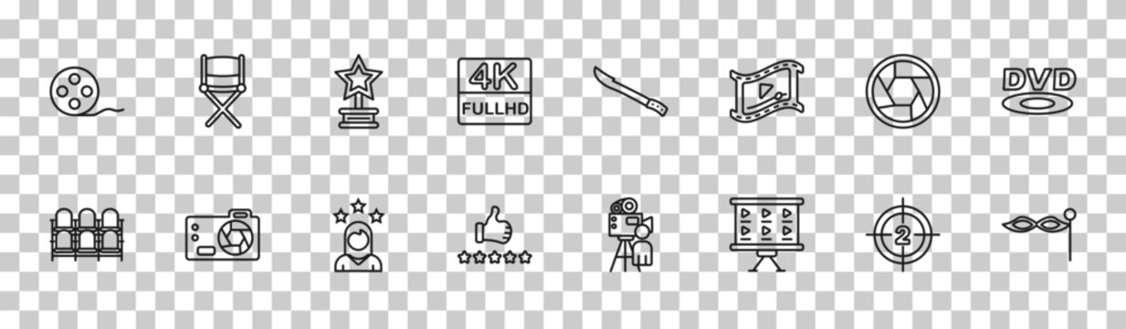 outline cinema icons set - film roll side view, director film chair, camera lens, small carnival mask. editable vector for web and mobile ui