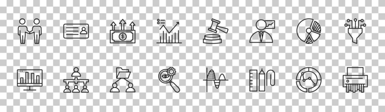 outline business and analytics icons set - partnership, business card, pie chart diagram, shredder. editable vector for web and mobile ui