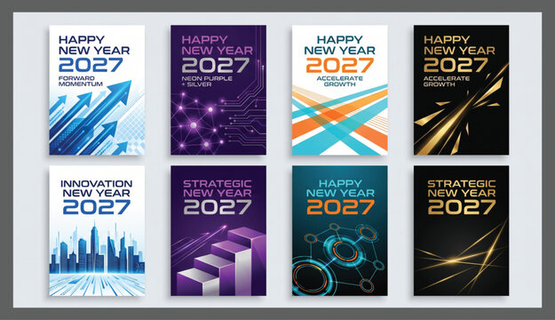 Business and innovation themed happy new year 2027 posters collection with financial growth charts technology patterns and cityscape growth concepts business innovation financial
