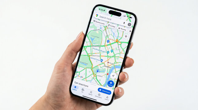 Female hand holding a smartphone iPhone 14 Pro with Google Maps application on the screen showing city navigation route and location pins in London. White background mockup for mobile app interface.