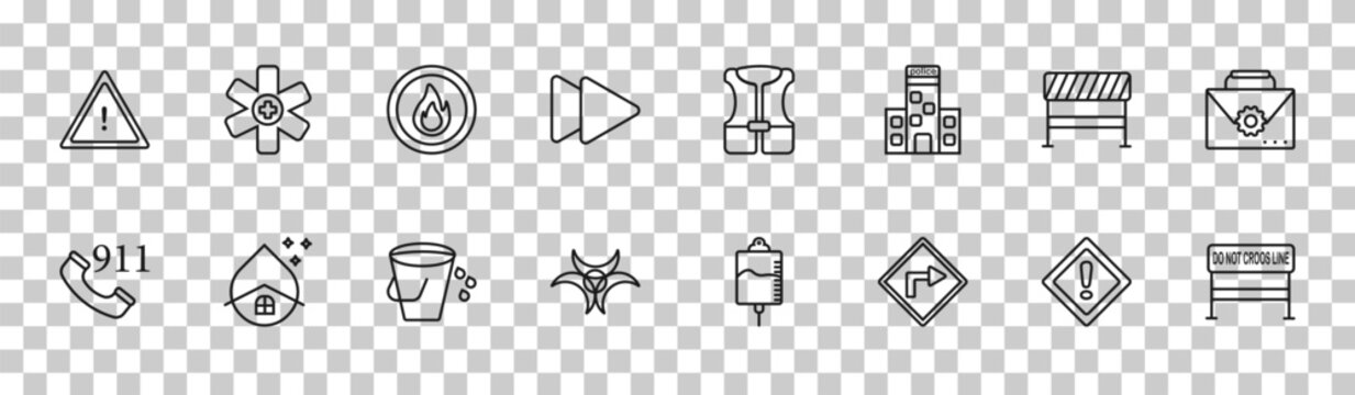 outline alert icons set - caution, medical, road blockade, do not cross line. editable vector for web and mobile ui