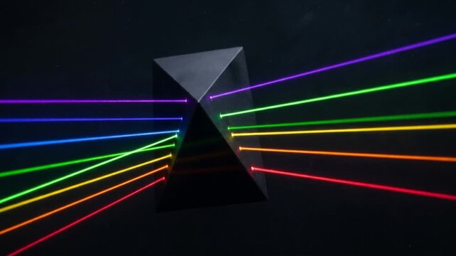幾何学的なプリズムを通過した白色光が7色のレーザービームに分光される抽象CGアニメーション