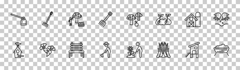 outline agriculture farming icons set - hoe, rak, barn, trough. editable vector for web and mobile ui © IconArt