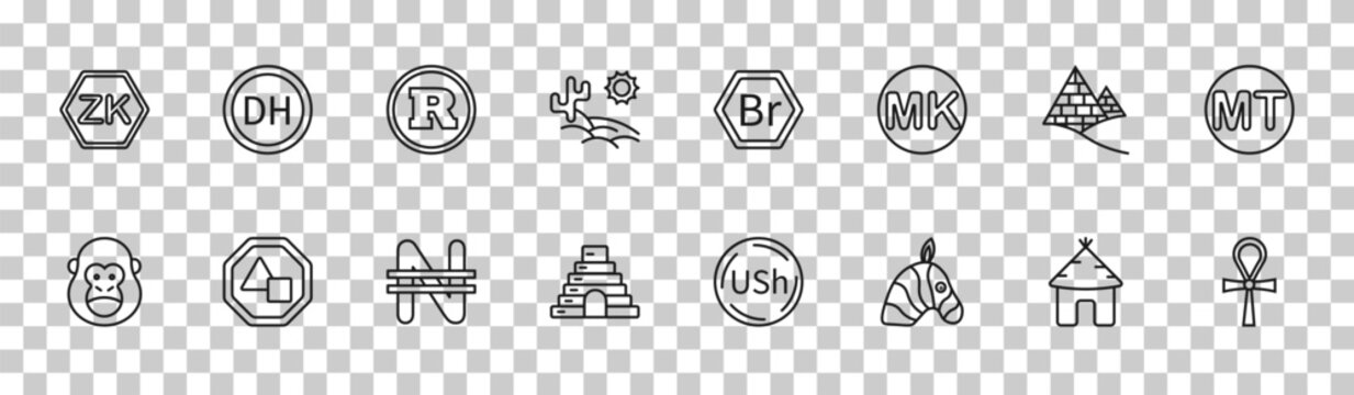 outline africa icons set - zambian kwacha, moroccan dirham, pyramids, ankh. editable vector for web and mobile ui