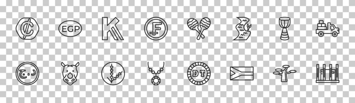 outline africa icons set - cedi, egyptian pound, african drum, apartheid museum. editable vector for web and mobile ui