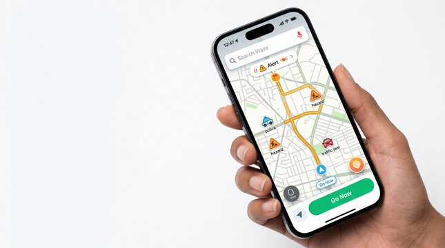 Hand holding a smartphone iPhone 15 Pro with Waze navigation and traffic maps app on the screen showing alerts, police and hazard icons. Minimalistic white background. Mobile GPS interface mockup.