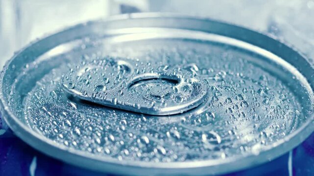 Close up shot of condensation forming on cold aluminum soda can lid with tab in soft focus background motion.