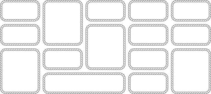 Set of various rectangular frames made of rope isolated on white background collection of nautical rope borders for photo, text, or design elements